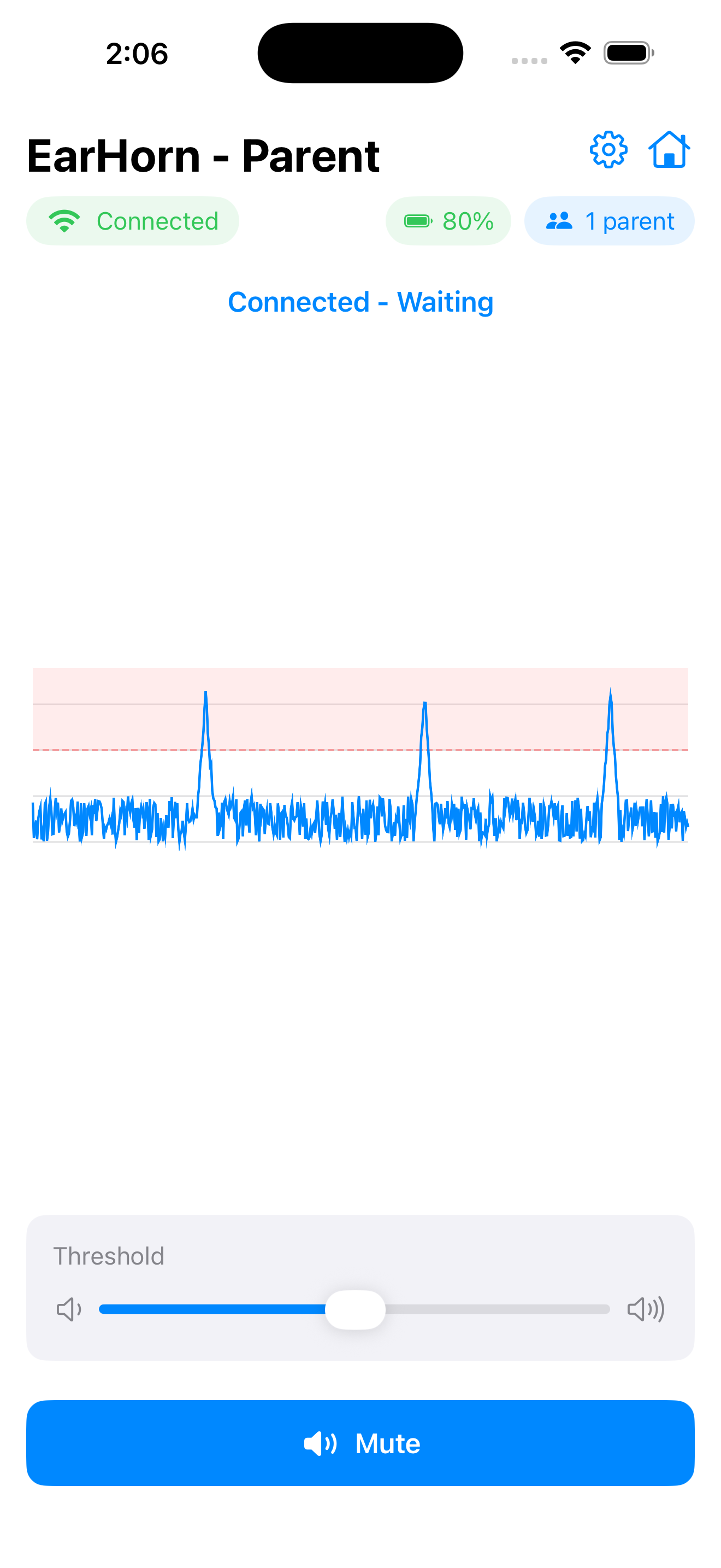 EarHorn parent view showing connected status, battery level, and audio graph
