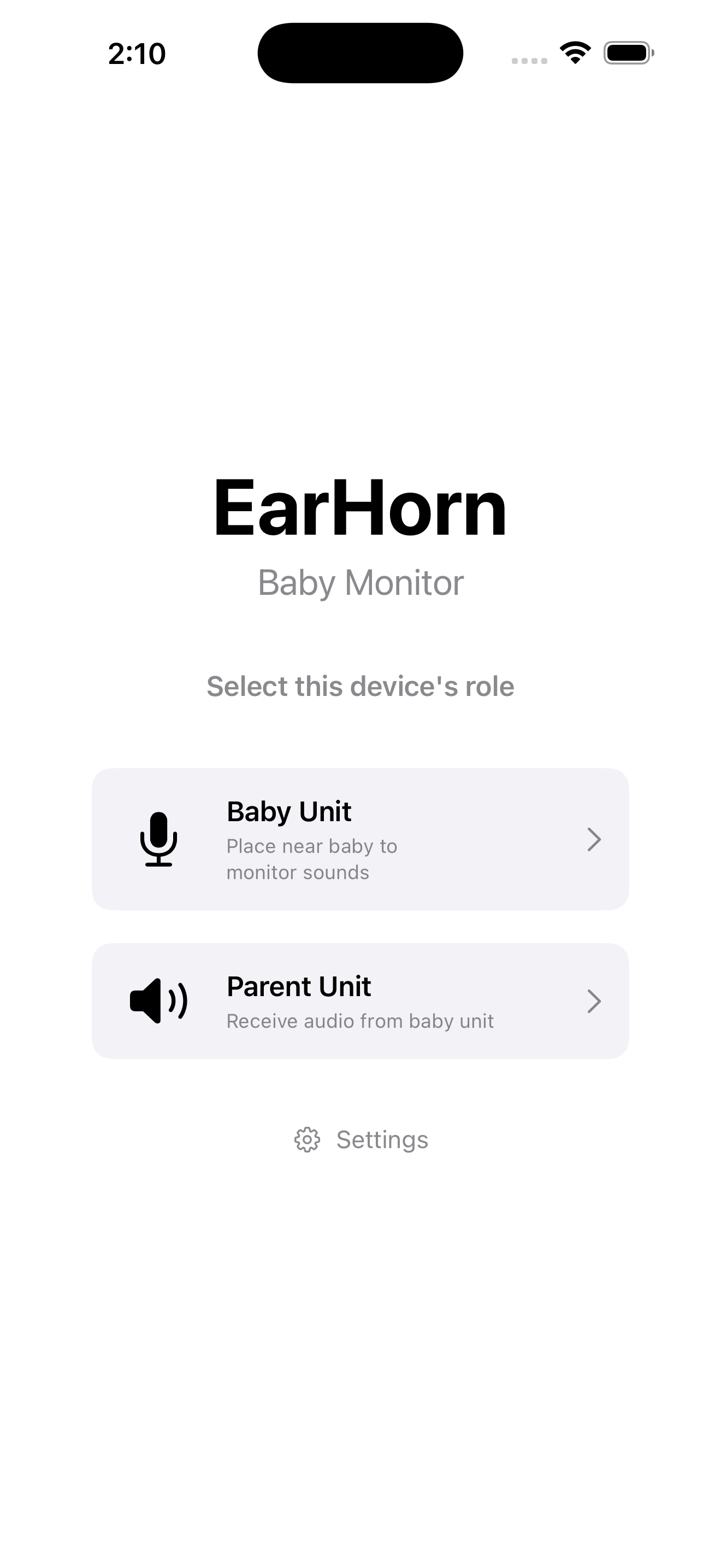 EarHorn role selection screen showing Baby Unit and Parent Unit options